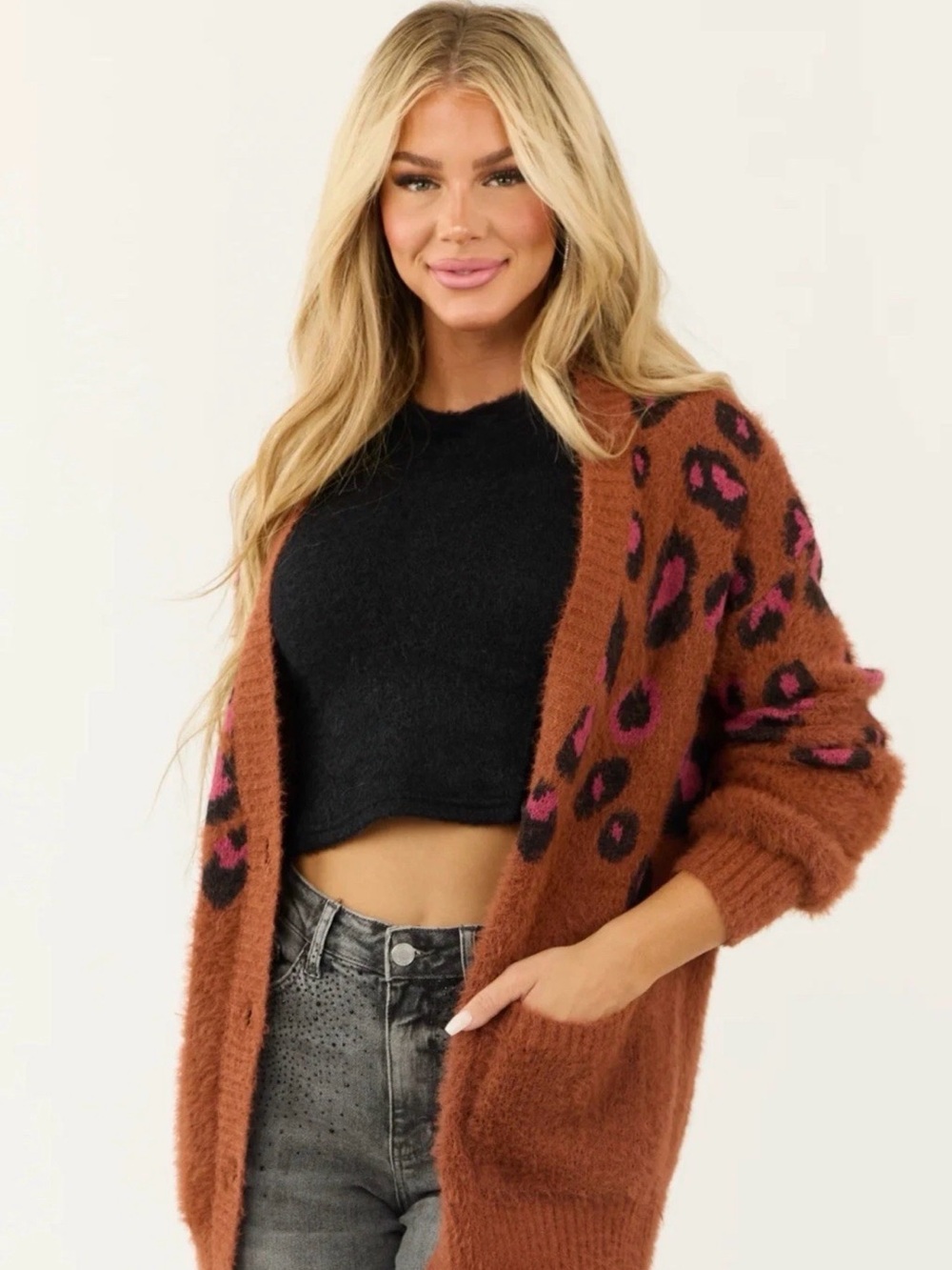 Umgee Rust Cardigan with Pink and Black Leopard Print